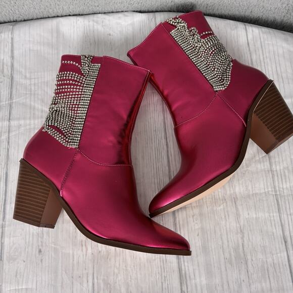 Chase & Chloe Women's Western Mid Calf Boots Cowgirl Size 7.5 Fuchsia Metallic - Picture 9 of 15